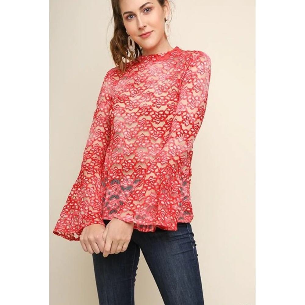 Umgee Retro Vintage Sheer Floral Lace Bell Sleeve Top Womens Size S Keyhole Neck - Picture 2 of 11